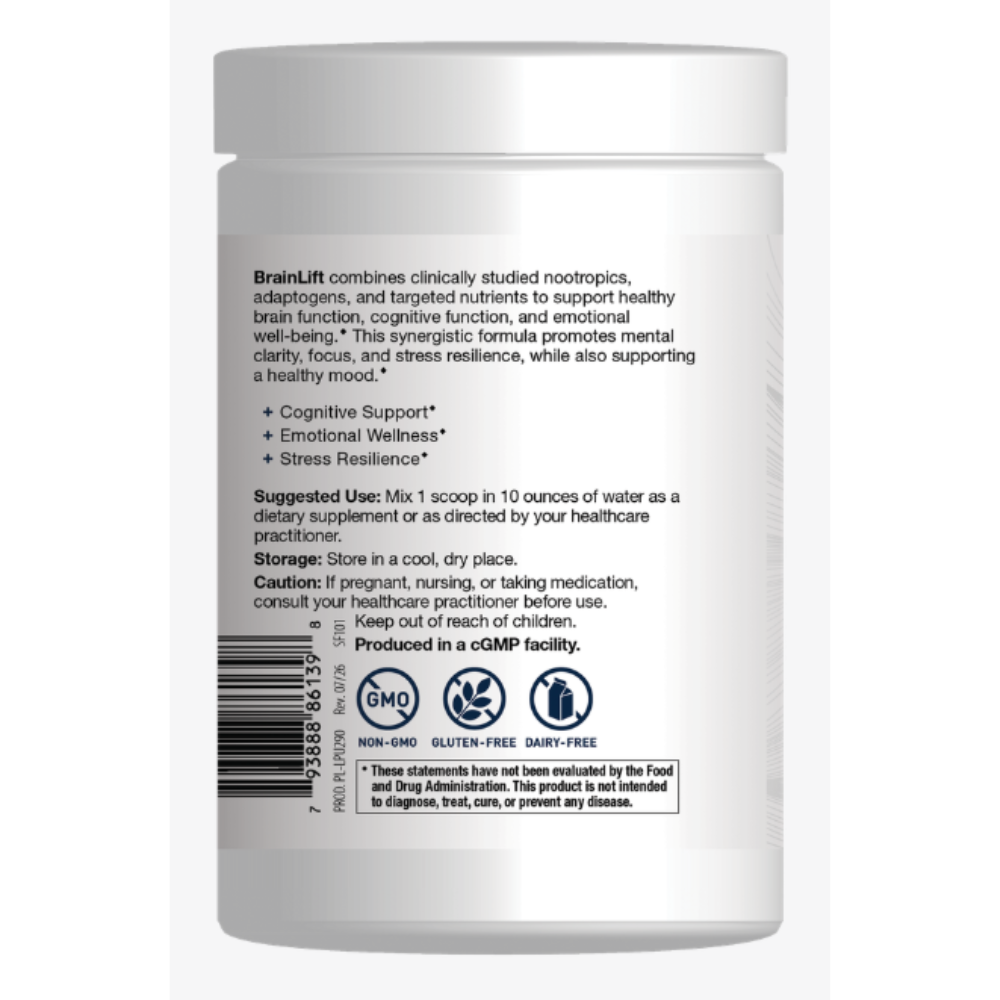 A white plastic bottle of BrainLift dietary supplement shown from the back, featuring black text detailing ingredients, suggested use, storage, and a barcode.