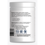 A white plastic bottle of BrainLift dietary supplement shown from the back, featuring black text detailing ingredients, suggested use, storage, and a barcode.