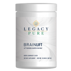A white plastic tub of Legacy Pure Brainlift dietary supplement with a white label, shown against a plain white background.
