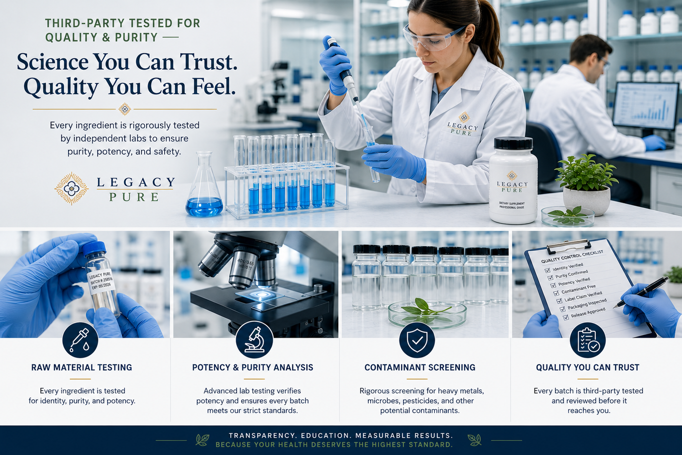 Promotional infographic for Legacy Pure supplement packaging, featuring a female scientist in a lab coat and gloves alongside product vials, test tubes, and quality testing imagery. The infographic includes text highlighting third-party testing and quality assurance.