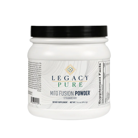 Legacy Pure Mito Fusion Powder strawberry flavor dietary supplement in white container
