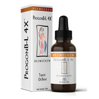 A 10ml amber glass dropper bottle of ProgonB-L 4X topical oil blend next to its white packaging box, both featuring the brand name 'Bezwecken' and a stylized graphic of a pregnant woman, on a white background.