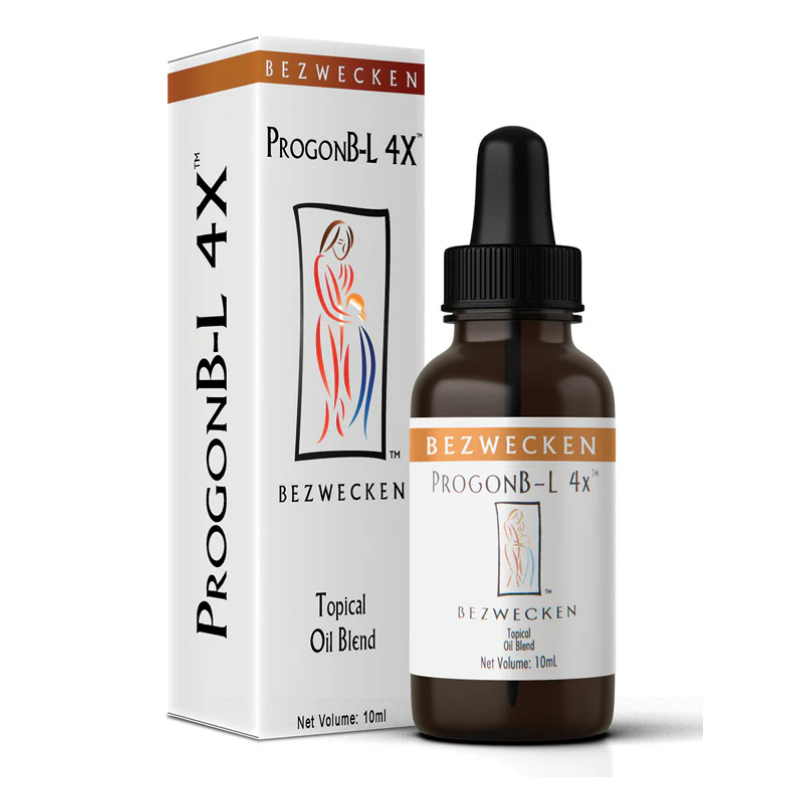 A 10ml amber glass dropper bottle of ProgonB-L 4X topical oil blend next to its white packaging box, both featuring the brand name 'Bezwecken' and a stylized graphic of a pregnant woman, on a white background.