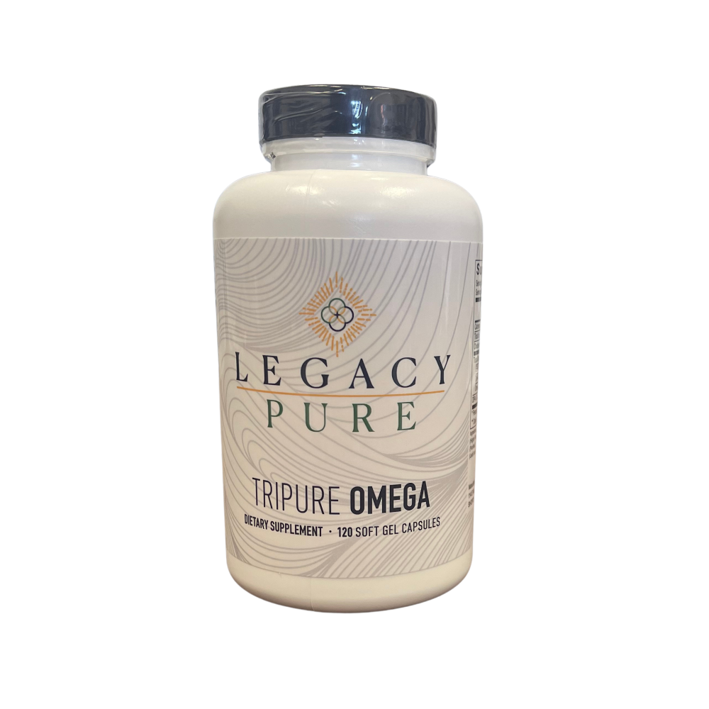 Legacy Pure TriPure Omega supplement bottle on a white background