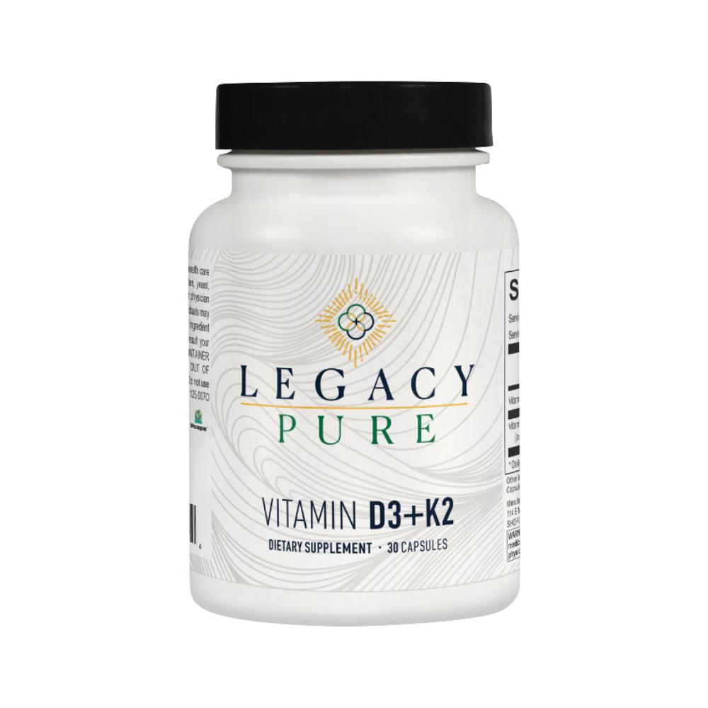 Supplement bottle labeled 'Legacy Pure Vitamin D3+K2' on a white background